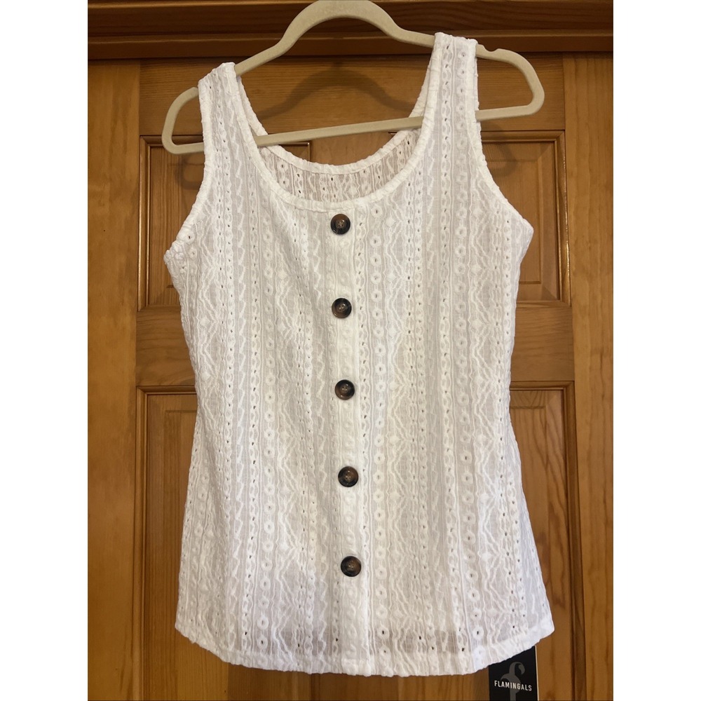 Flamingals Women's Tank Top White Sz Medium eyelet